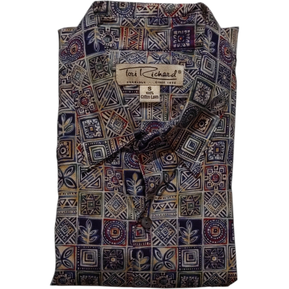 Tori Richard Hawaiian Shirt Mens S Multicolor Floral Geometric Button Up EUC